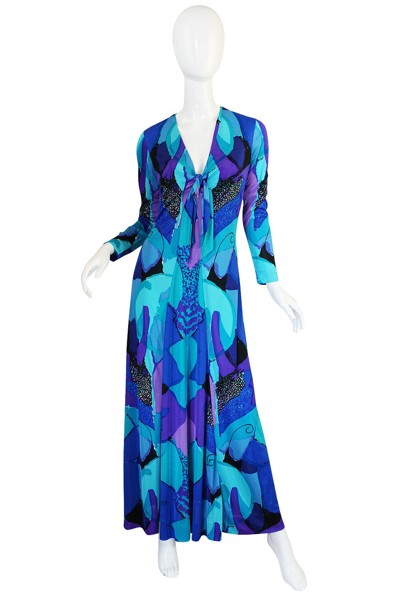 1960s Ocean Blues Ken Scott Hand Printed Jersey Dress
