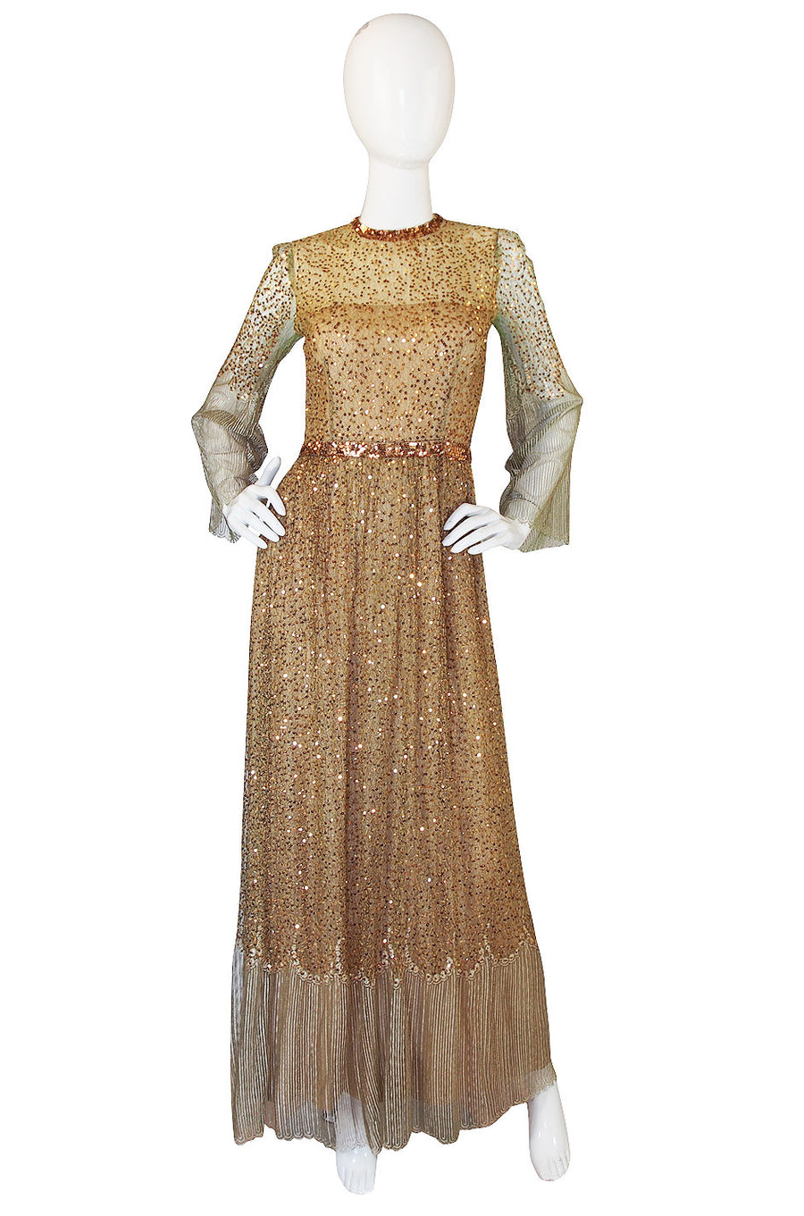 1960s Fine Gold Sequin & Net Mollie Parnis Dress  Shrimpton Couture