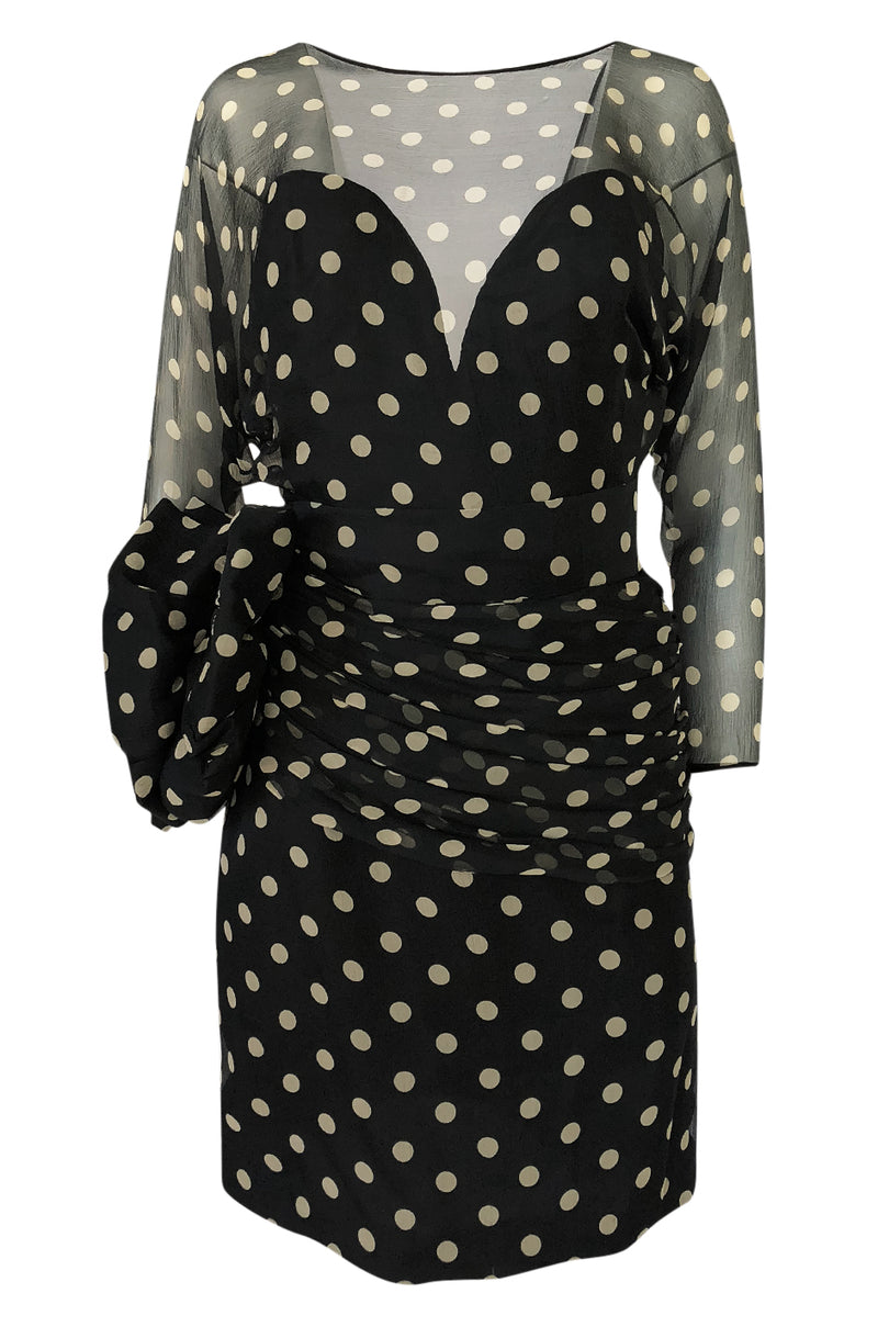 1980s Vicky Tiel Backless Dotted Silk Chiffon Fitted Mini Dress