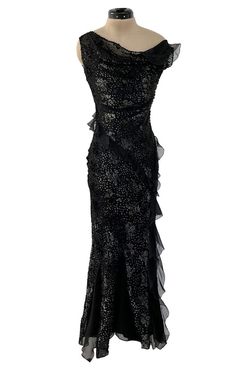 Mid-2000s Christian Dior by John Galliano Metallic Eyelash Lame Bias Cut Silk Chiffon Dress