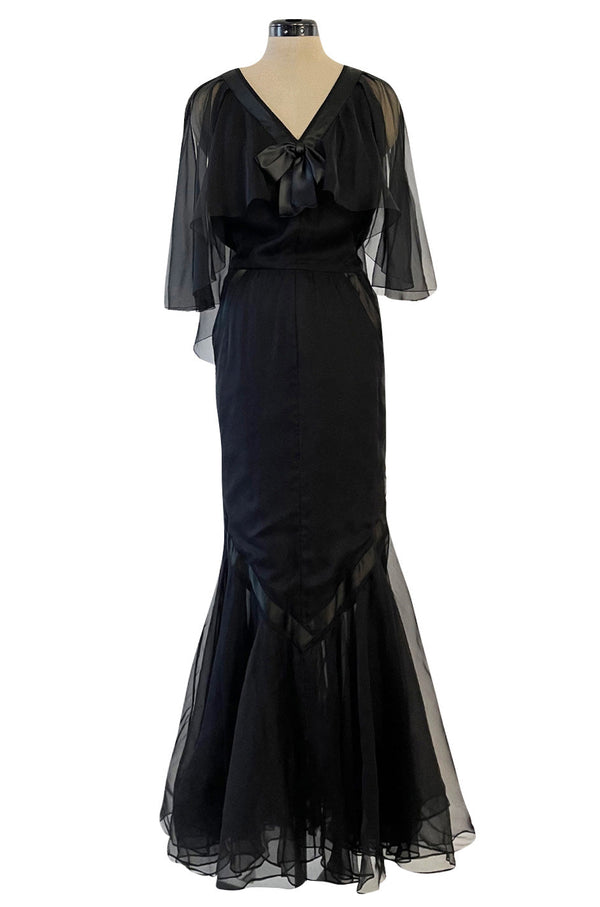 First RTW Collection Fall 1983 Chanel by Karl Lagerfeld Black Caped Bodice Silk Chiffon Dress