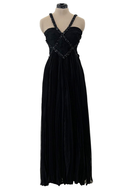 Incredible Spring 2003 Valentino Runway Black Silk Chiffon Dress w Black Beaded Detailing