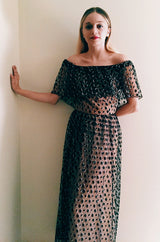 1970s Jean Louis Dotted Net & Silk Off Shoulder Dress