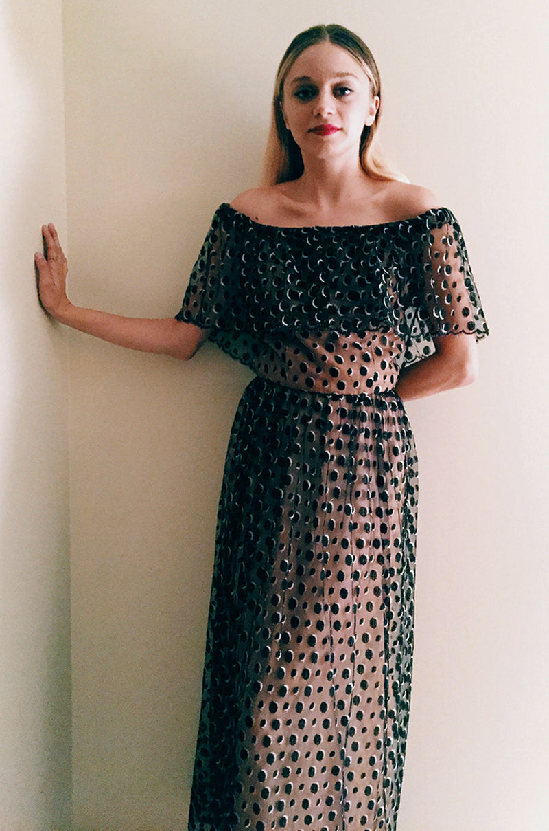 1970s Jean Louis Dotted Net & Silk Off Shoulder Dress