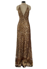Fall 2002 Valentino Plunged Silk Net Chiffon Dress Completely Covered in Copper Sequins