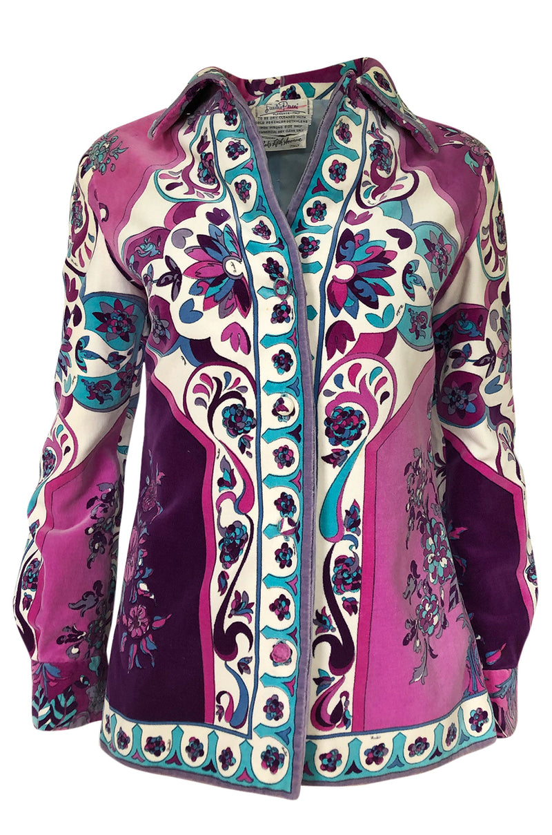 1960s Emilio Pucci Pink, Lavender & Baby Blue Print Cotton Velvet Jacket