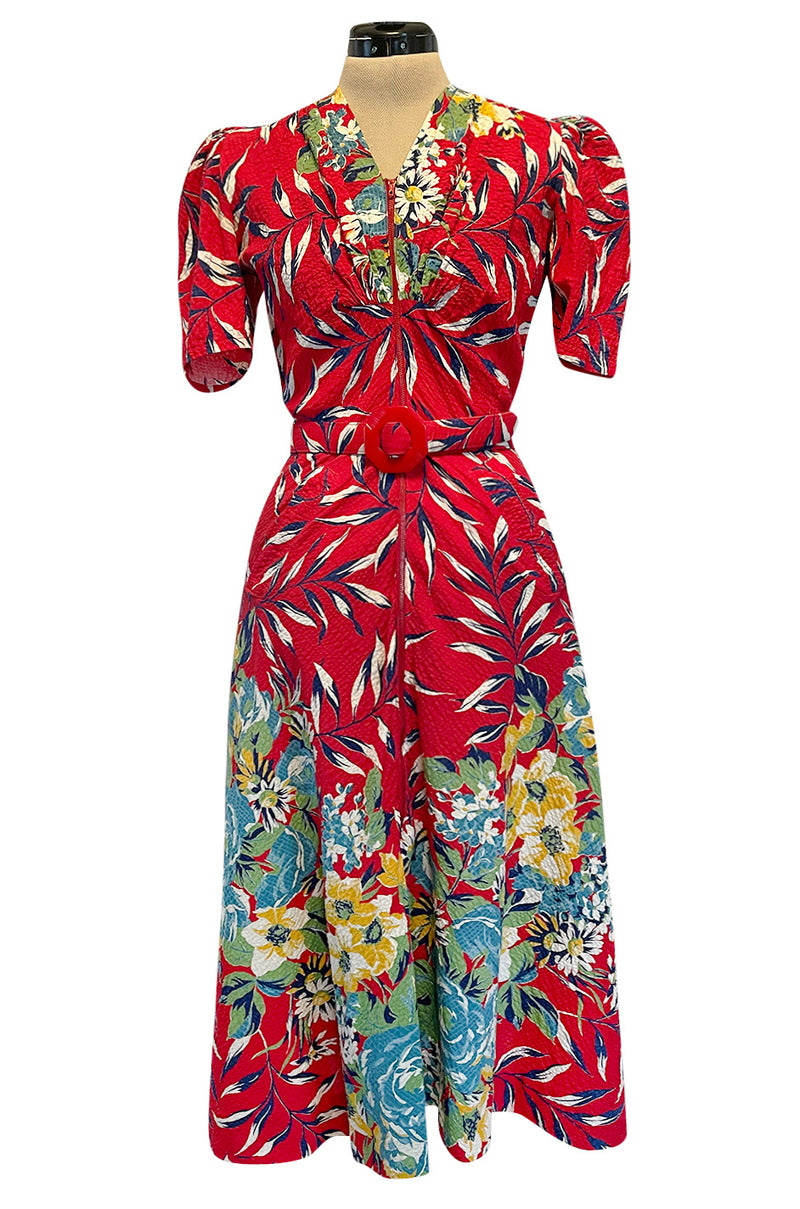 Gorgeous 1940s Unlabeled Cotton Pique Red & Bright Floral Print Dress w Original Belt