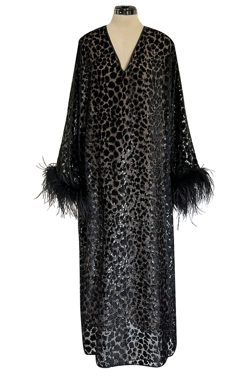 Gorgeous 1990s Valentino Intimo Black Metallic Voided Velvet Feather Cuff Caftan Dress