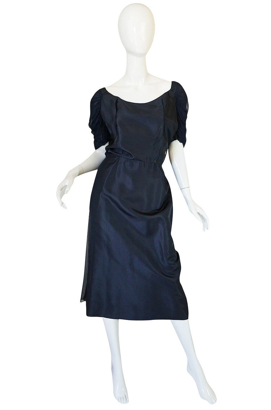 don loper dress designer 1950s Don Loper Blue Silk Dress w Chiffon Draped Back