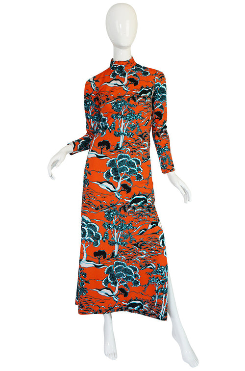 1960s Bright Coral Cheongsam Inspired Print Dress