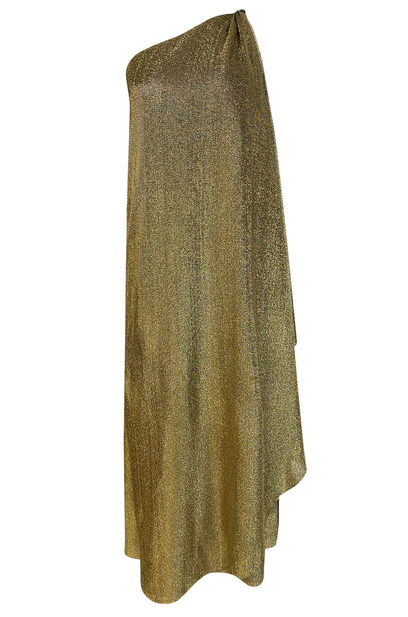 c.1978 Halston One Shoulder Gold Lame Jersey Full Length Maxi Dress