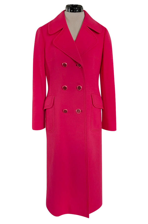 Gorgeous 1970s Unlabeled Top Stitched Knit Jersey Coat in a Bright Joyful Raspberry Coral Colour