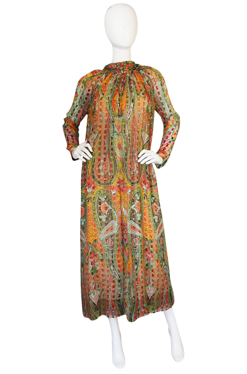 1970s Silk Chiffon Pauline Trigere Caftan Dress