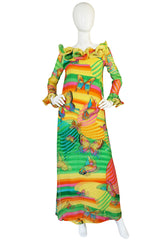 c1965-67 Hanae Mori Butterfly Print Ruffled Silk Dress & Shawl