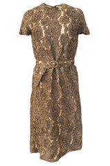 Early 1950s Unlabeled Taupe Ribbon Tape and Net Sheat Dress & Belt
