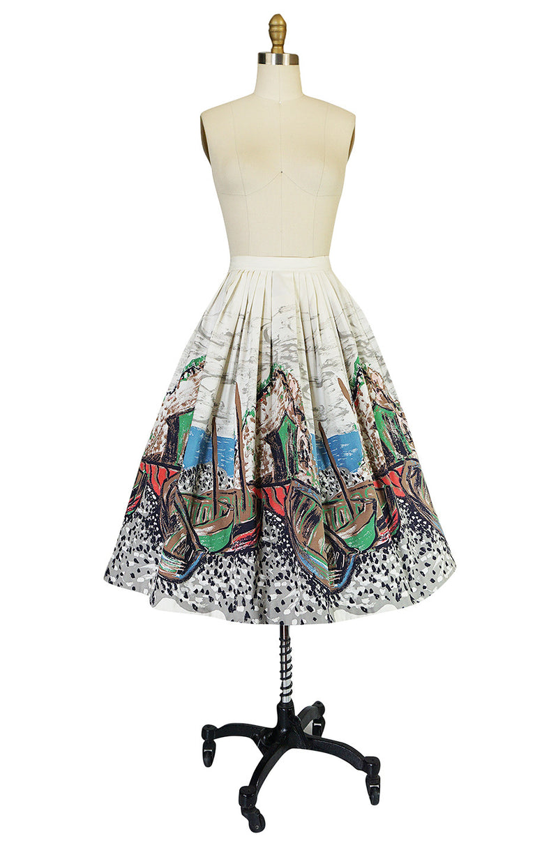 1950s Hand Painted Fishing Village Scene Cotton Skirt