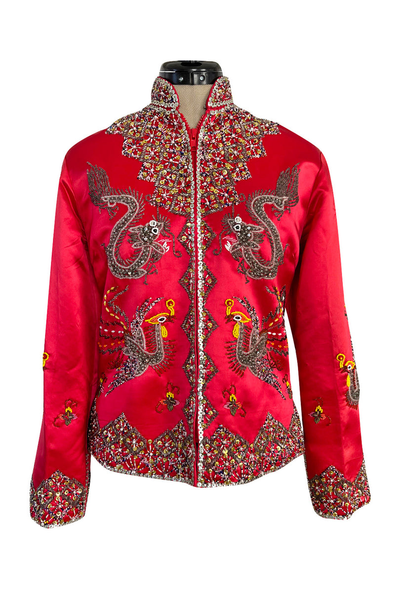 Fabulous 1960s Extensively Beaded & Sequin Front Zip Red Silk Satin Asian Jacket