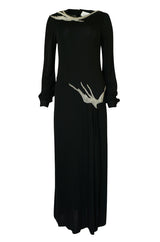 1970s John Anthony Demi-Couture Black Silk Jersey Dress w Hand Beaded Birds