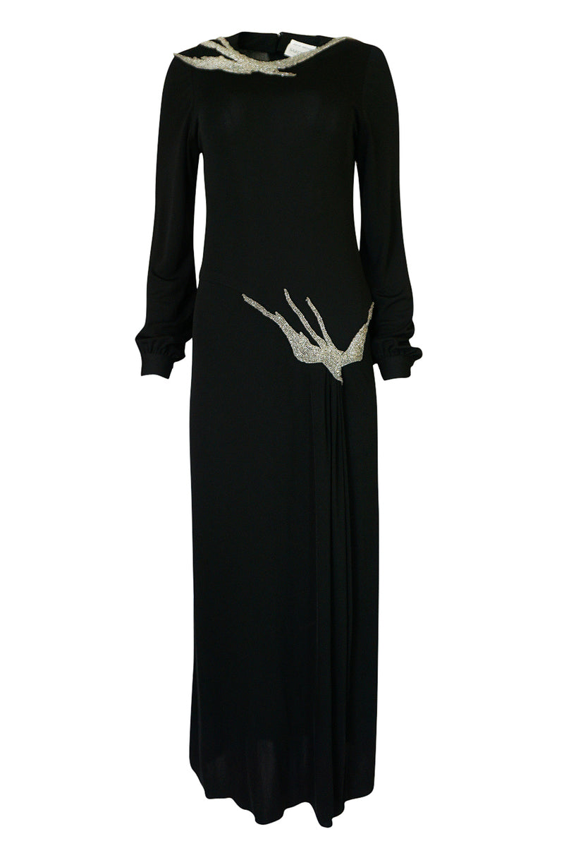 1970s John Anthony Demi-Couture Black Silk Jersey Dress w Hand Beaded Birds