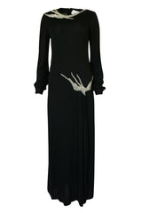 1970s John Anthony Demi-Couture Black Silk Jersey Dress w Hand Beaded Birds