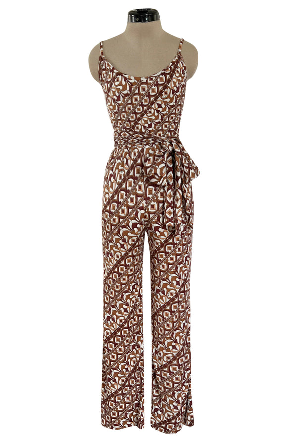 Rare 1970s Emilio Pucci Printed Taupe & White Silk Jersey Halter Jumpsuit w Belt