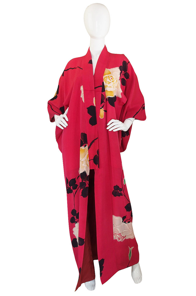 1930s Floral Hand Painted Silk Red Kimono