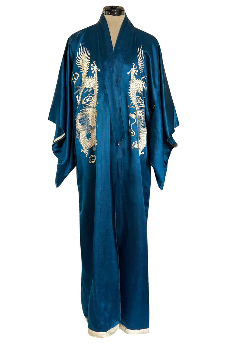 Decadant 1920s Unlabeled Deep Blue Silk Kimono w Hand Embroidered