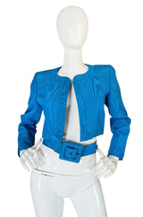 1980s Yves Saint Laurent Blue Moire Silk Jacket w Belt