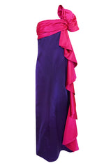 1970s Bill Blass Dramatic Pink & Purple Ruffled Bow Silk Dress