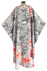 1970s Jean Varon Floral Printed Pale Blue Grey & Red Caftan w Red Piping & Long Tassel Details