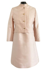 Late 1960s Malcolm Starr Butterfly Embroidered Collar Pale Pink Silk Shift Dress & Jacket Set