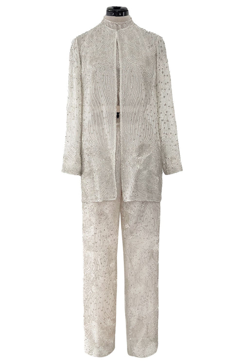 Documented Spring 1981 Halston Runway Silver Tube Bead on Silk Backless Halter Pant & Jacket Set