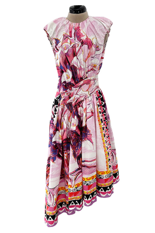 Prettiest Recent Prada Pink Flowerpot Postcard Print Cotton Dress w Asymetrical Hemline