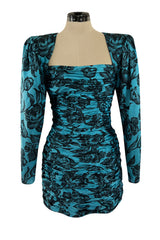 Late 1980s Emanuel Ungaro Teal Blue Printed Silk Mini Dress w Strong Shoulders