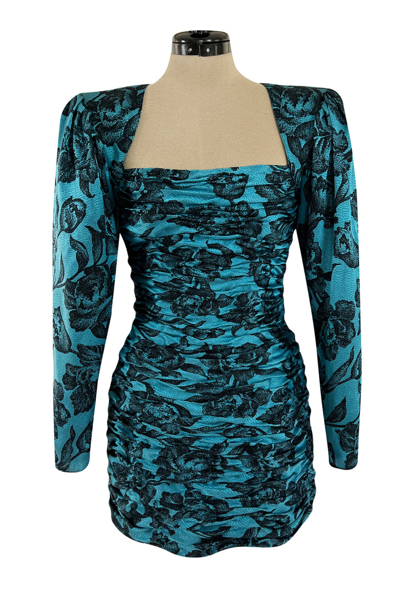 Late 1980s Emanuel Ungaro Teal Blue Printed Silk Mini Dress w Strong Shoulders