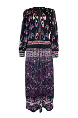 Unusual 1970s Paganne Smocked Jersey Printed Maxi Dress