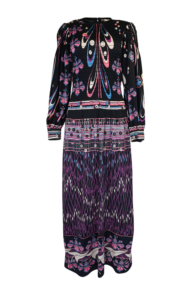 Unusual 1970s Paganne Smocked Jersey Printed Maxi Dress