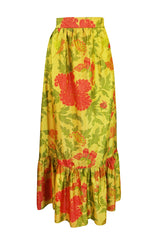 1960s Unlabelled Coral & Green Floral Print on Yellow Silk Skirt