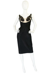 1950s Floral & Nude Applique Bust Black Silk Bombshell Dress