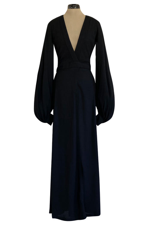 Iconic 1972 Ossie Clark Couture Black Moss Crepe Open Back Wrapped Dress w Bishop Sleeves