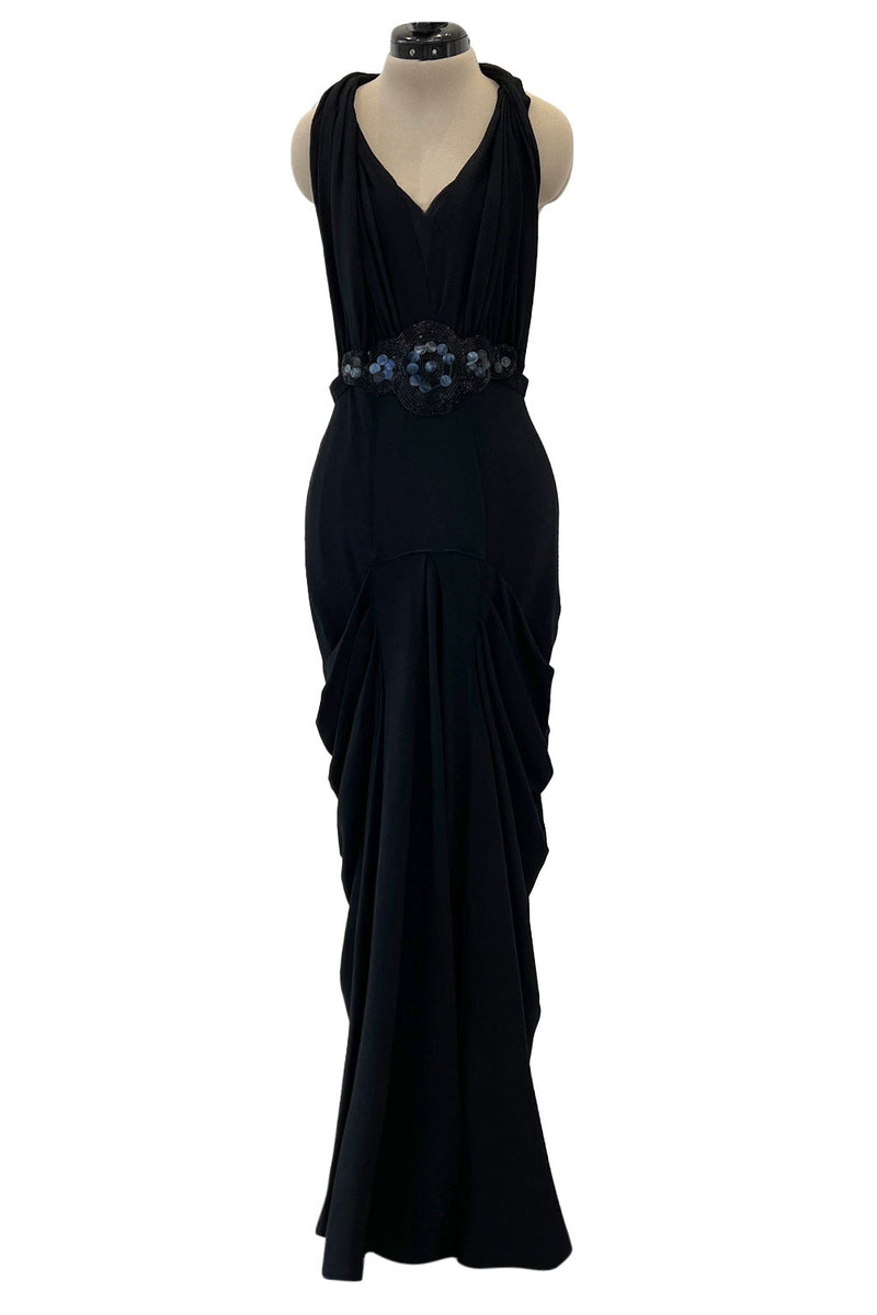 Avant Garde 1930s Black Moss Crepe Draped Halter Back Dress w Sequin D Shrimpton Couture Avant Garde 1930s Black Moss Crepe Draped Halter Back Dress w Sequin D Shrimpton Couture