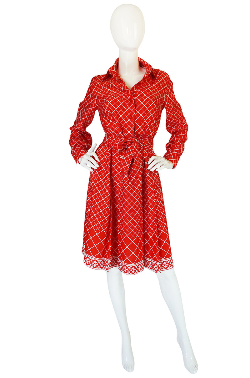 Chic 1970s Belted Red Print Lanvin Shirt Dress