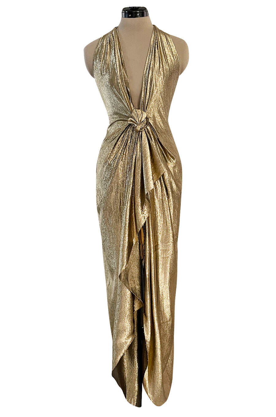 Iconic Fall 1980 John Anthony Couture Plunge Front Gold Lame Halter Dress w  Bare Back