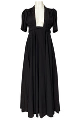 Iconic c.1969 Ossie Clark 'Bridget' Black Crepe Plunge Front Wrap Dress