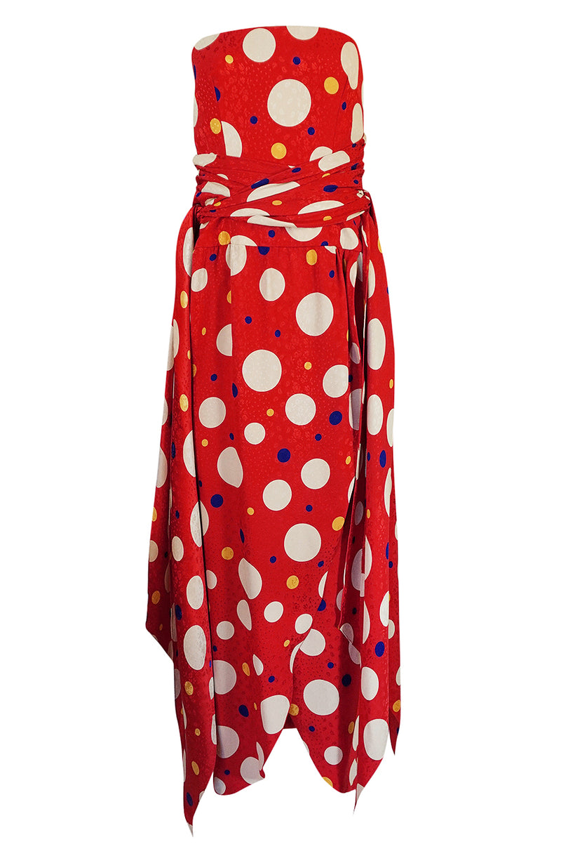 Documented 1983 Valentino Dotted Red Silk Strapless Dress