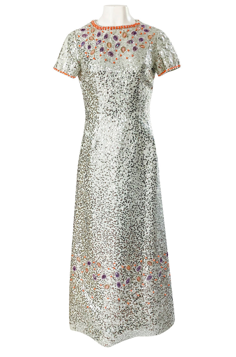 1960s Gene Shelley Pale Ice Blue Silk Dress w Silver Sequins & Beads Shrimpton Couture 1960s Gene Shelley Pale Ice Blue Silk Dress w Silver Sequins & Beads Shrimpton Couture