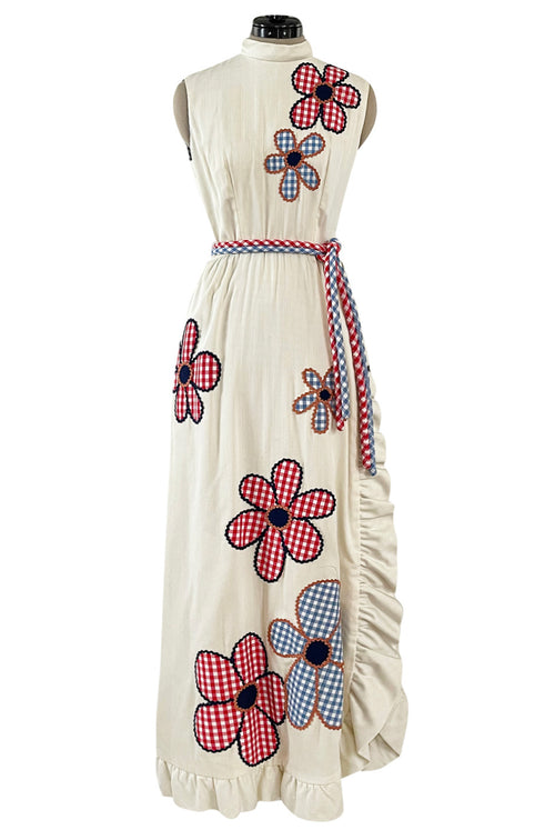 Amazing 1970s Malcolm Appliqué Starr Flower Dress by Youssef Rizkallah w Open Side Slit