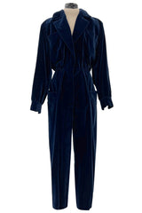 Fantastic Fall 1985 Yves Saint Laurent Deep Runway Blue Velvet Jumpsuit w Slouchy Front Pockets