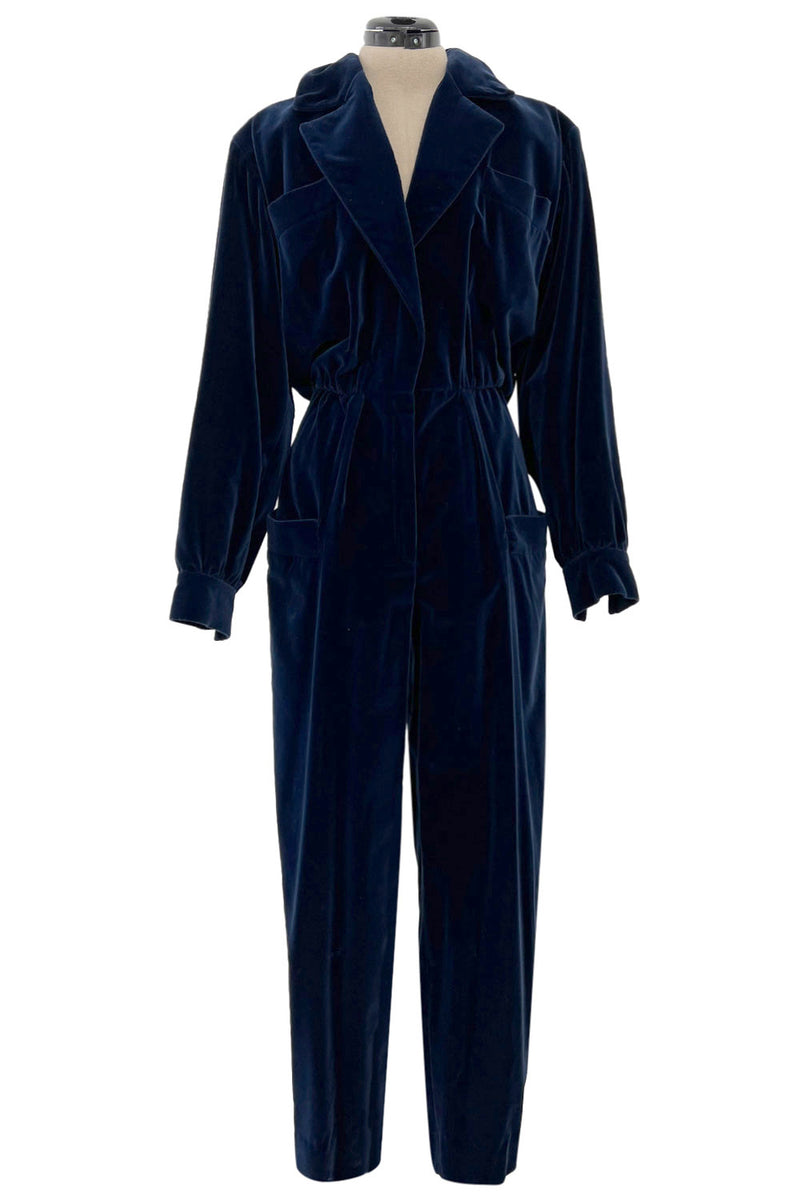 Fantastic Fall 1985 Yves Saint Laurent Deep Runway Blue Velvet Jumpsuit w Slouchy Front Pockets