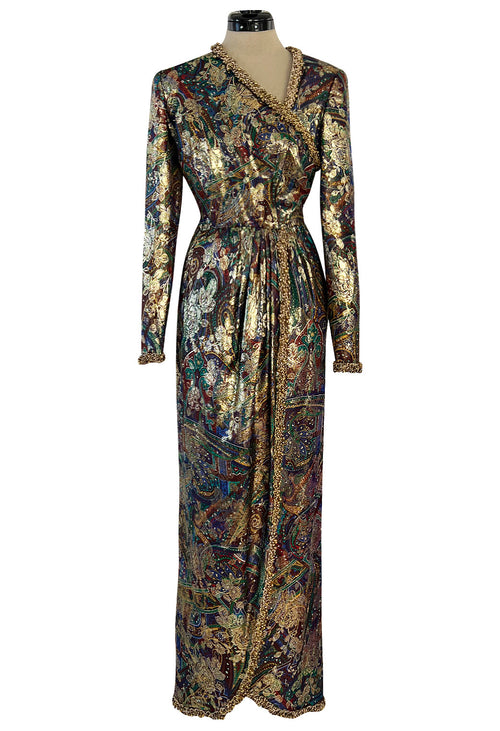 Fall 1990 Oscar de la Renta Metallic Gold Silk Lame Dress w Brass Bell Trim